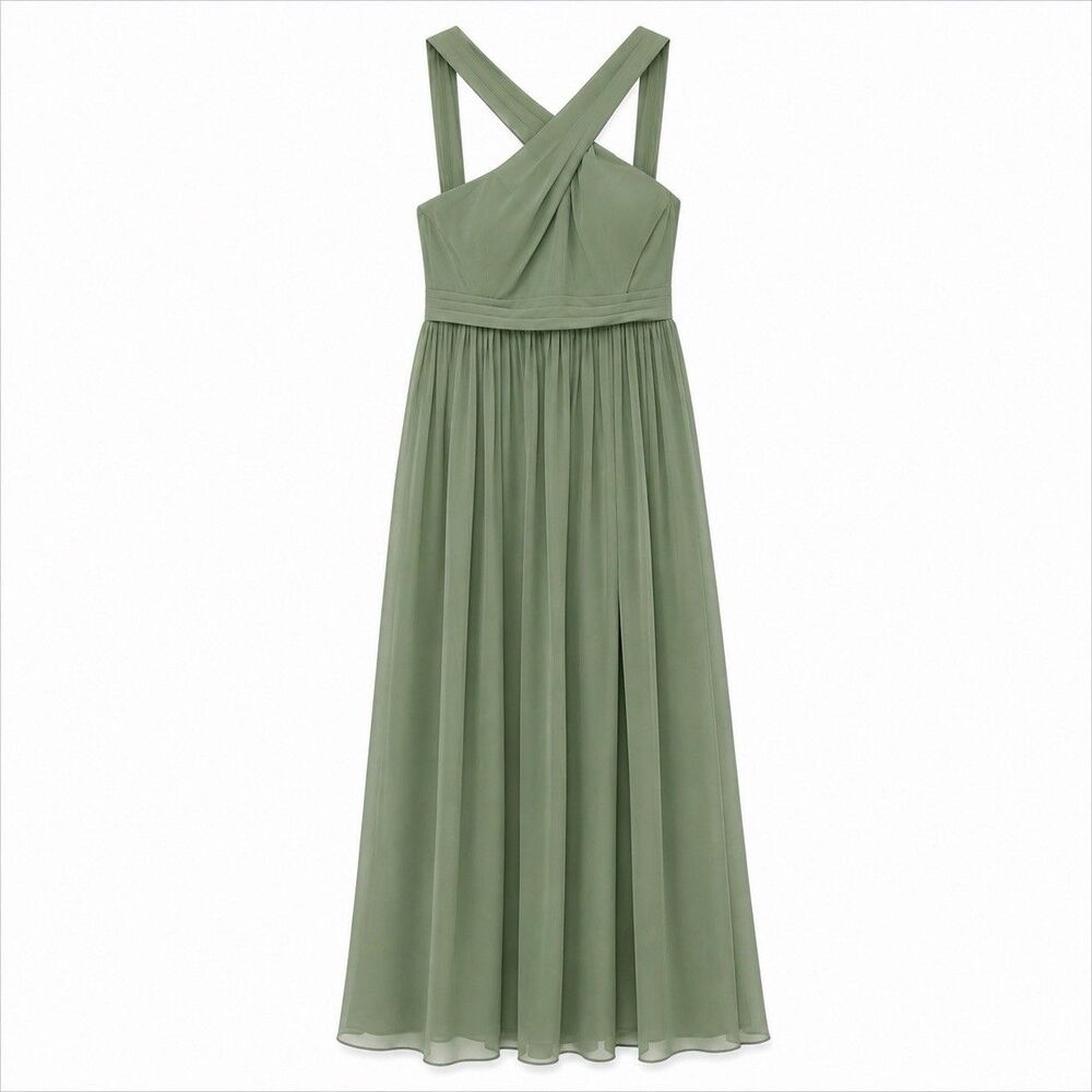 Azazie Elvira Dress Women's 14 Matcha Green Chiffon Maxi Bridesmaid Gown NWT